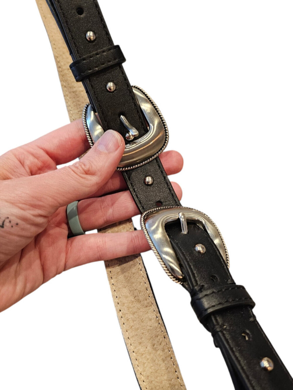 Vintage Womens Sz S Double Buckle Faux Leather Belt Black Silver Tone